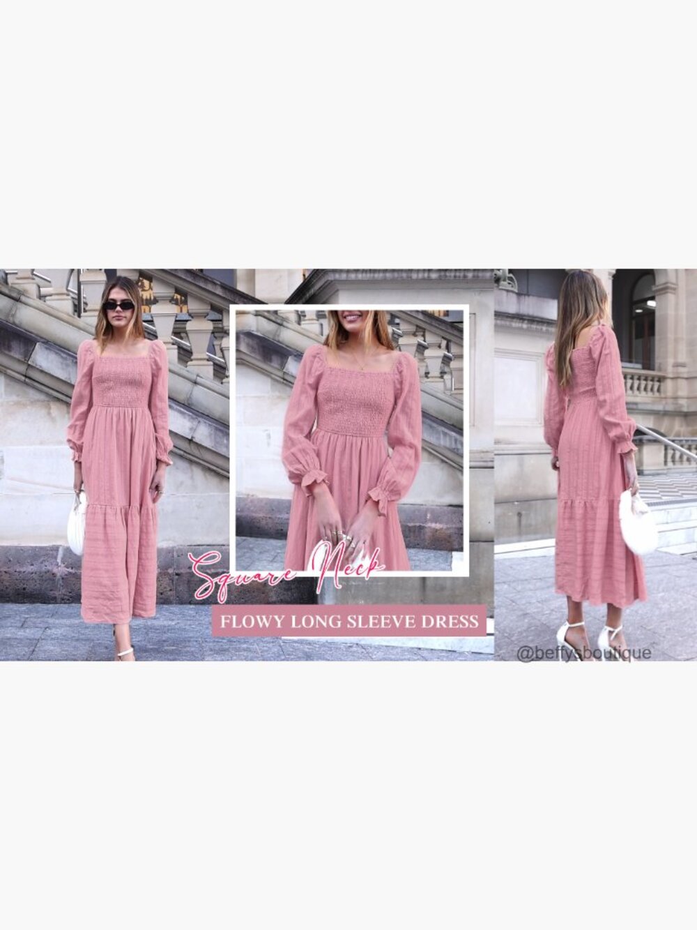 Square Neck Smocked Maxi Dress Long Sleeve Boho A-Line with Pockets - Picture 7 of 7